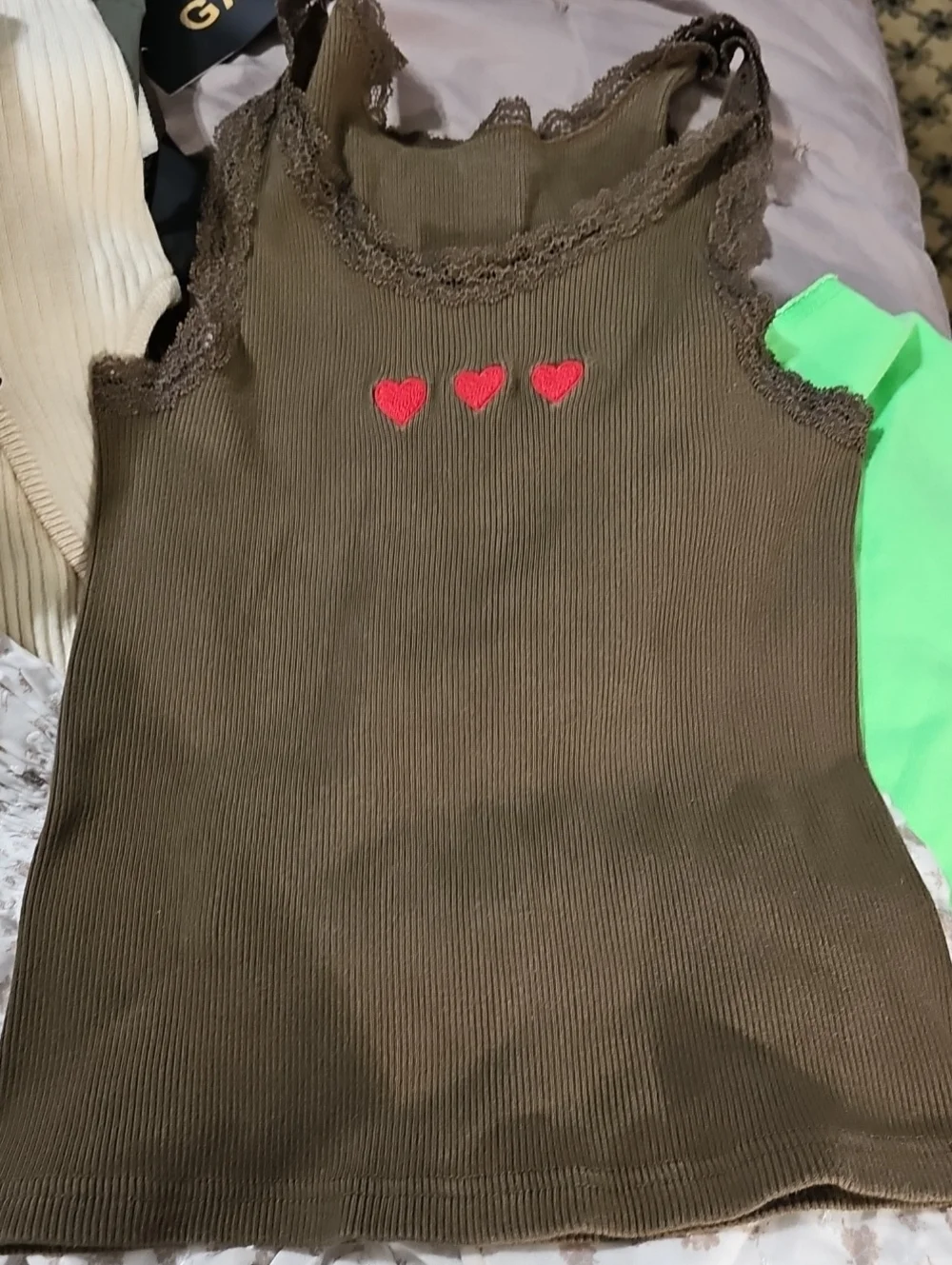 Girls' Brown Ribbed Tank Top with Red Heart Embroidery - Picture 1 of 6
